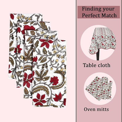 Ridhi Prune Red Hand Block Print 100% Cotton Napkins 18" x 18" (Set of 4) Reuseable Kitchen Napkins Cloth Decor Dinner Party Wedding Cocktail Gift for Spring, Easter