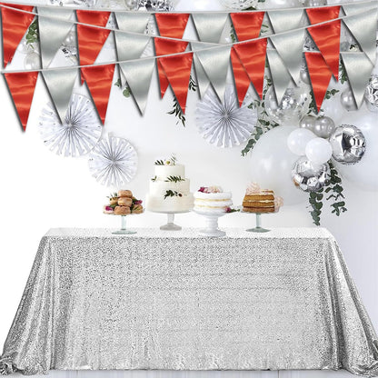 65FT Red Silver Triangle Pennant Banner Flag Metallic Fabric Bunting Garland for Christmas Graduation Wedding Engagement Anniversary Bachelorette Birthday Bridal Shower Valentines Hen Party Supplies