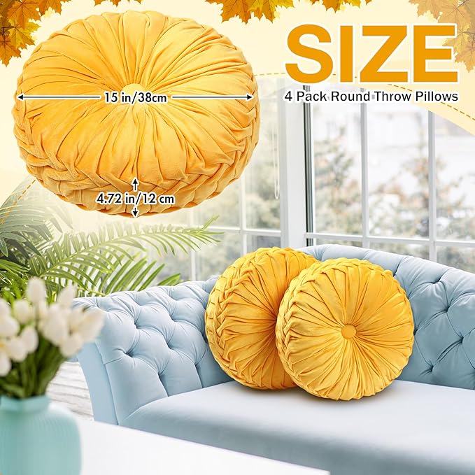 2 Pcs Round Throw Pillows 15 Inch Decorative Velvet Pleated Pumpkin Floor Boho Pillows for Living Room Couch Chair Bed Sofa (Yellow)