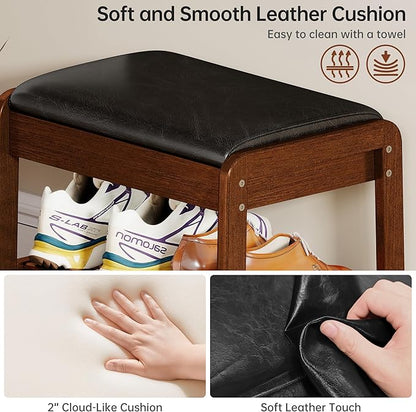 Shoe Rack Bench with Flip-Top Storage, Rubberwood 2-Tier Shoe Organizer with Cushion, Small Wooden Shoe Stand for Entryway, Mudroom, Hallway, Closet, Front Door Entrance, Foyer