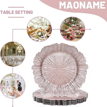 MAONAME Round 13" Reef Charger Plates, Pink Plate Chargers Set of 6, Plastic Chargers for Dinner Plates, Thanksgiving, Christmas, Wedding