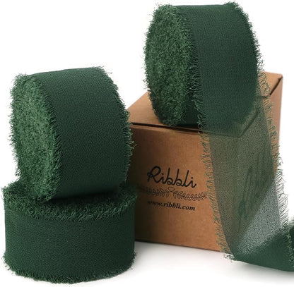 Ribbli Forest Green Ribbon 1 Inch x 3 Rolls Total 24 Yards Handmade Fringe Chiffon Silk Ribbon for Wrapping Wedding Invitations Bridal Bouquets DIY Crafts Home Decor