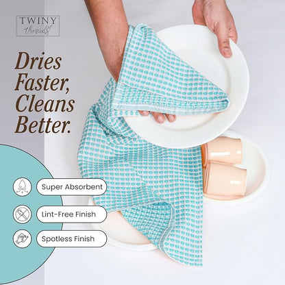 TWINY threads Circle Waffle Dish Towels 4 Pack, 16x26 Inches, 100% Cotton, Soft, Absorbent, Quick Dry, Everyday Wash Rags, Suitable for Glass Cleaning, Drying Dishes, Kitchen Essentials, Water Blue