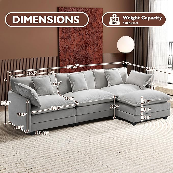Ihanherry 111.4" L Shaped Modern Sofa Modular Sectional Cloud Couch with Ottoman, 4-Seat Chenille Deep Seat Sofa with Pillow for Living Room, Bedroom and Apartment, Grey