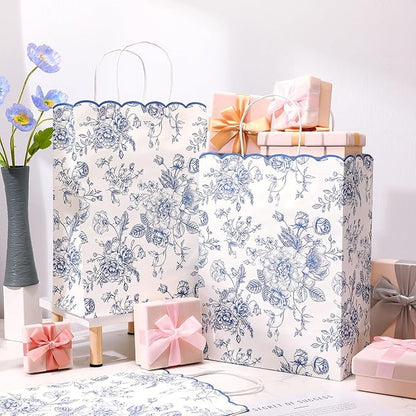 Kolldenn 24 Pcs Blue Floral Party Favor Bags with Handles 10 x 5 x 13 Inch Large Scalloped Wildflower Goodie Candy Gift Treat Bags for Birthday Decoration for Bridal Baby Shower Party Supplie