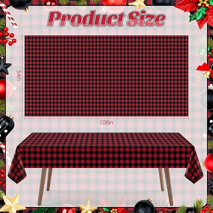 1 Pack Red Striped Gingham Tablecloths, 54 x 108 Inch Disposable Plastic Rectangle Table Covers, Waterproof Red and Black Checkered Table Cloths for Picnic, Birthday, Party, Outdoor Events
