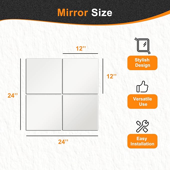 Delma Home Gym Mirrors, 12'' x 12'' Glass Mirror Tiles (4 PCS), Square Large Wall Mirror for Home Gym, Bedroom, Door,Bathroom, Frameless Mirror Sets