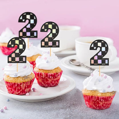 Ercadio 24 Pack Number 2 Cupcake Toppers Checkered Two Cupcake Picks for Smiley Assorted Racing Car Theme Baby Shower 2nd Birthday Party Cake Decoration Supplies