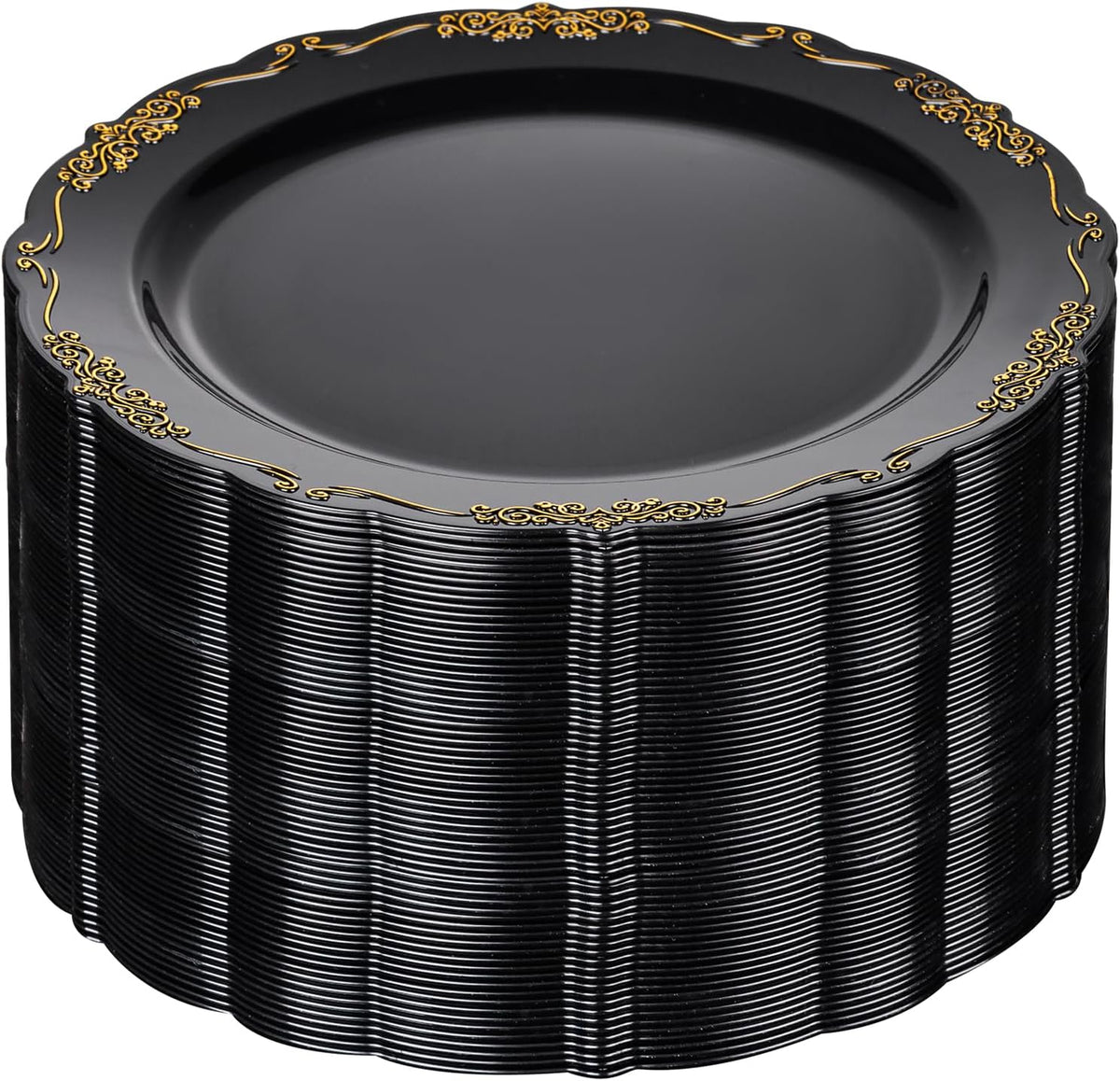 DaYammi 60PCS Black and Gold Plastic Plates, Heavy Duty Black and Gold Disposable Plates Premium 10inch Dinner Plates Hard Plastic Plates Disposable for Halloween Party and Wedding