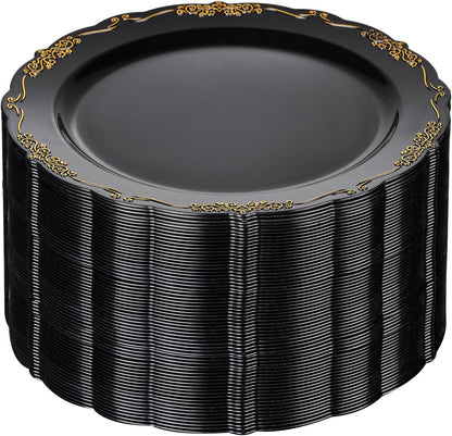 DaYammi 60PCS Black and Gold Plastic Plates, Heavy Duty Black and Gold Disposable Plates Premium 10inch Dinner Plates Hard Plastic Plates Disposable for Halloween Party and Wedding
