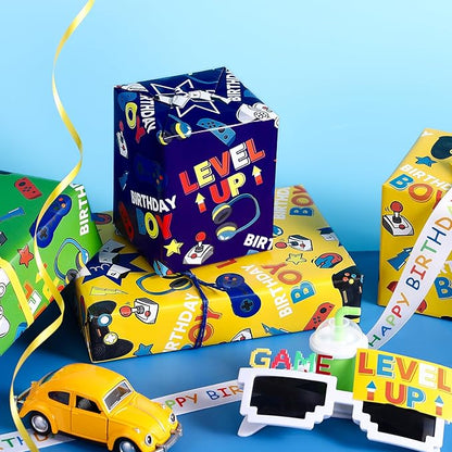 WRAPAHOLIC Gaming Wrapping Paper - 3 Short Roll - Video Game Birthday Wrapping Paper for Kids Boys Birthday, Game Lover - 17 Inch x 120 Inch Per roll