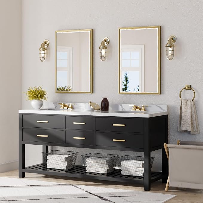 Gold Bathroom Mirror, 24x36 Brushed Gold Bathroom Mirror Beveled Edge, Gold Framed Rectangle Bathroom Vanity Mirror, Anti-Rust Brushed Brass Metal Frame Wall Mirror Vertical/Horizontal