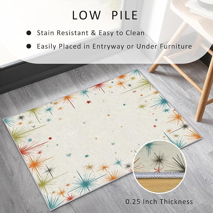 Mid Century Modern Rug Square 8x8 50s 60s Retro Starburst Pattern Area Rugs for Living Room, Bedroom, Mid Century Modern Home Decor Accessories Indoor Carpet, Non Slip & Machine Washable