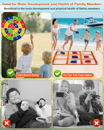 2-in-1 Outdoor Giant Tic Tac Toe Bean Bag Toss Games, Tic Tac Toe Ball Toss Game and Dart Board Games with Sticky Balls for Kids Adults Large Lawn Carnival Yard Birthday Family Outside Party Games