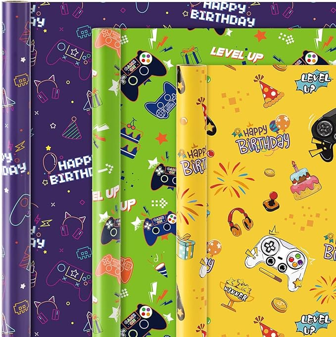 WERNNSAI Gaming Wrapping Paper Rolls - 3 Short Rolls 17 in x 120 in Video Game Wrapping Paper for Kids Boys Birthday Gamer Theme Party Decorative Gift Packing Paper Supply Green Yellow Purplewith Cut Lines
