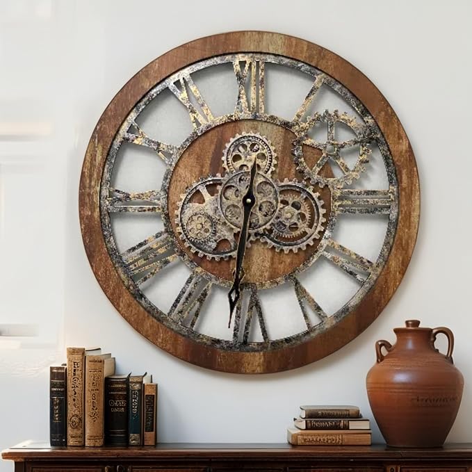 ImprovingLife The Gears Clock The Original Real Moving Gear Wall Clock Vintage Industrial Oversized Rustic Farmhouse (24 inch (60cm), Vintage Brown)