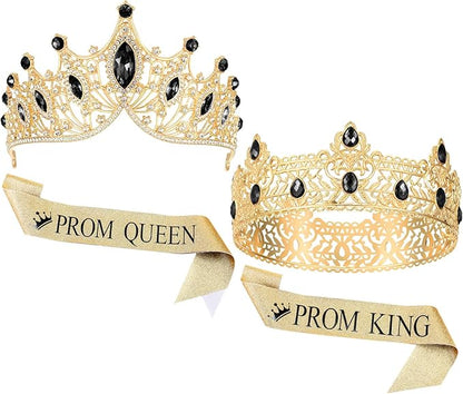 Ferreve 4 Pcs Prom King and Queen Crowns and Sashes Set Graduation Prom King and Queen Tiara Sash for 80's Prom Party Favors(Black)