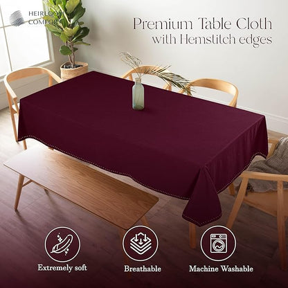 Burgundy Wine Tablecloth, 100% Cotton, 60x102 Inch, Fits 8-10 Seats, Soft, Washable, Wrinkle Resistant, Rectangle Dining Table Cover for Anniversaries, Decor, Holiday, Dinner, Events
