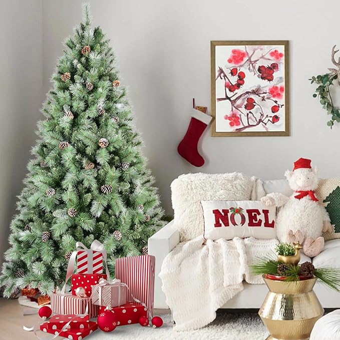 6FT Frosted Christmas Tree with 66 Pine Cone & Pine Needles, Premium Unlit Artificial Christmas Tree with 988 Branch Tips, Realistic Hinged Xmas Trees with Metal Stand for Holiday Decoration