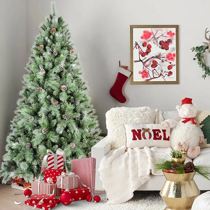 6FT Frosted Christmas Tree with 66 Pine Cone & Pine Needles, Premium Unlit Artificial Christmas Tree with 988 Branch Tips, Realistic Hinged Xmas Trees with Metal Stand for Holiday Decoration