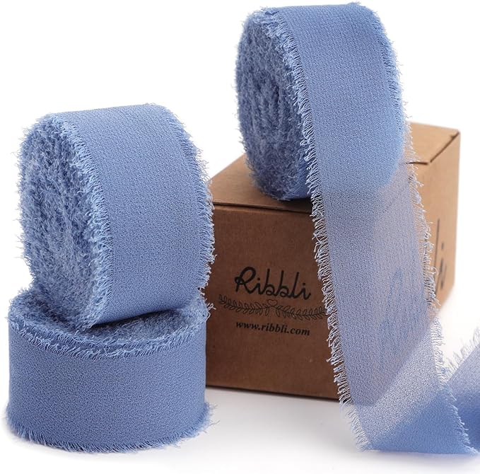 Ribbli Dusty Blue Ribbon 1 Inch x 3 Rolls Total 24 Yards Blue Handmade Fringe Chiffon Silk Ribbon for Wrapping Wedding Invitations Bridal Bouquets DIY Crafts Home Decor