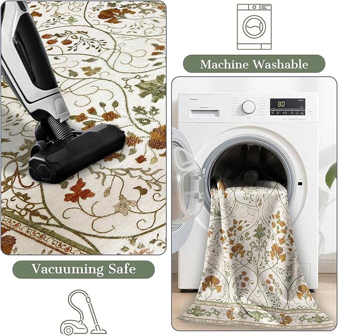 5x7 Floral Area Rug Washable Vintage Non Slip Girls Bedroom Rug, Soft Low Pile Stain Resistant Rugs for Dining Living Room,Beige White