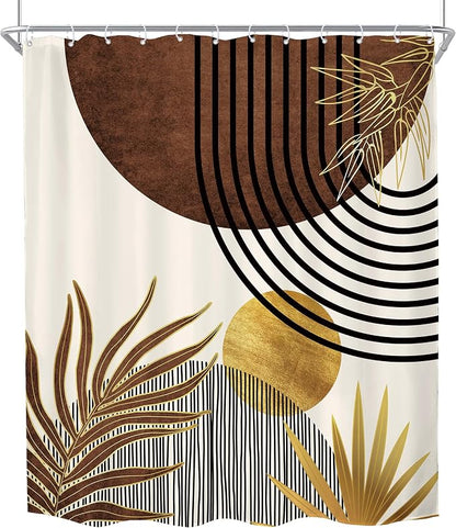KOMLLEX Mid Century Brown Boho Shower Curtain for Bathroom Decor 72Wx78H Inches Abstract Modern Retro Tan Gold Minimalist Arch Vintage Geometric Fabric Waterproof Polyester 12 Pack Hooks Pack Hooks