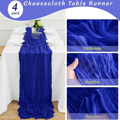 4Pack Royal Blue Cheesecloth Table Runner 10FT Gauze Cheese Cloth Table Runner 35x120Inch Long Boho Spring Easter Table Runners Rustic Sheer Table Runners for Wedding Baby Shower Bridal Shower Decor