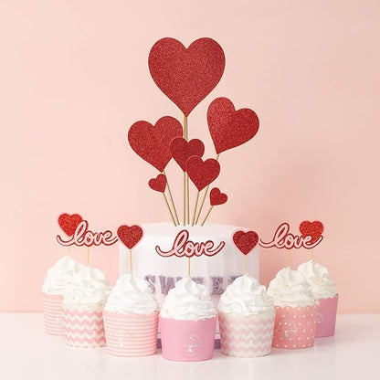 35 pcs Glitter Red Heart Cake Toppers Picks for Sweet Love Theme Wedding Engagement,Valentine's Day Bridal Shower Mother's Day Party Cake Decors (Red heart)