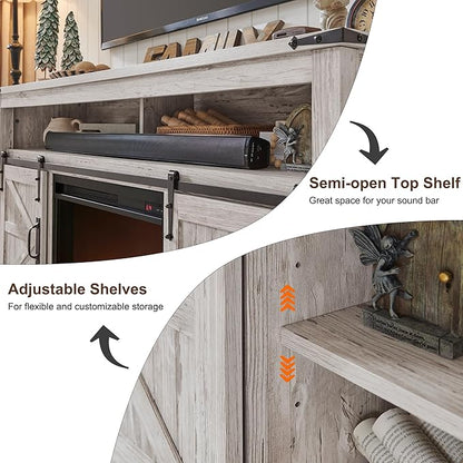 OKD Fireplace TV Stand for 65+ Inch TV, 33" Tall Highboy Farmhouse Entertainment Center w/ 23'' Electric Fireplace, Rustic Media Console w/Sliding Barn Door for Living Room, Antique Brush White