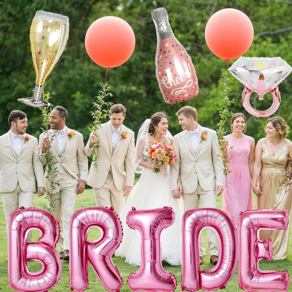 40inch Bride Balloons Pink Letters Banner, Bachelorette Party Decorations Set with Diamond Ring Champagne Bottle Balloon Glass Foil Balloon for Pink Bachelorette Engagement Wedding Bridal Shower Decor