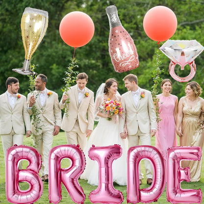 40inch Bride Balloons Pink Letters Banner, Bachelorette Party Decorations Set with Diamond Ring Champagne Bottle Balloon Glass Foil Balloon for Pink Bachelorette Engagement Wedding Bridal Shower Decor