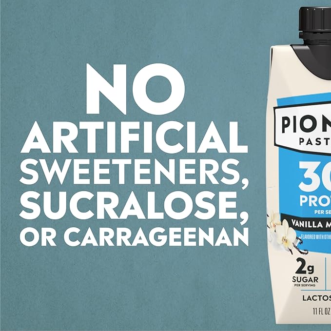 Pioneer Pastures - High Protein A2 Milkshakes - Vanilla - A2 Nutritional Milk, 30g Protein, 2g Sugar, No Sweeteners, No Seed Oils - All-Natural, Breakfast Shake, Meal Replacement, Workout - 11oz, 12 Pack