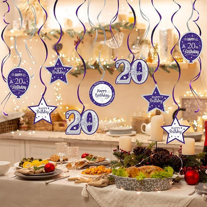 Happy 20th Birthday Purple & Silver Glitter Swirls Streamers Party Decorations - 15 Pcs 20th Birthday Hanging Swirls Streamers Kit,Cheers to Twenty Years Old Bday Party Sign.