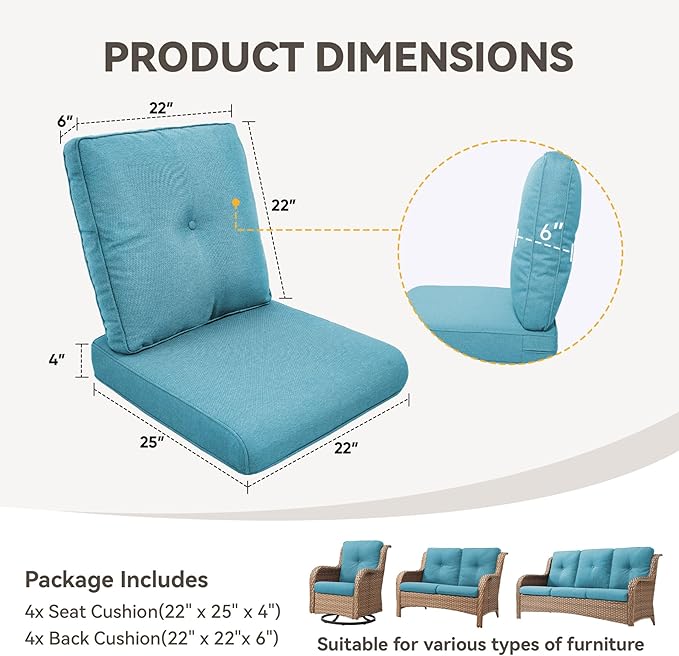 Patio Cushions for Outdoor Furniture - 22" x 25" x 4" UV Resistant Thick Foam Cushions Water Resistant Replacement Cushion for Outdoor Patio Furniture Chair/Sofa/Couch | Light Blue | 4-Pack |