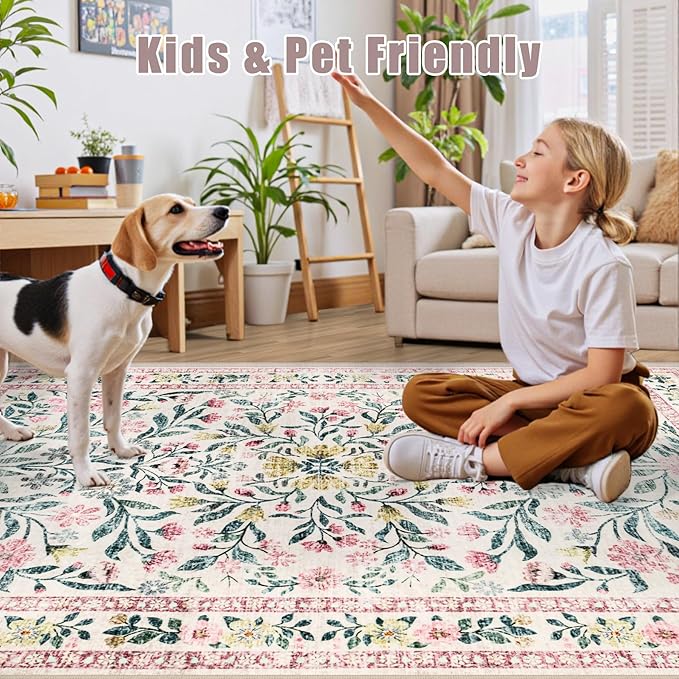 6x9 Area Rugs for Living Room: Floral Washable Rug Vintage Large Soft Boho Non-Slip Carpet Indoor Stain Resistant Thin Carpets for Bedroom Dining Room Farmhouse Nursery Hallway Home Office Pink Green