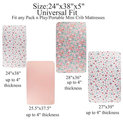 Pack n Play Sheet Stretchy Fitted Portable Mini Crib Sheets Set 3 Pack,Playard Sheets Convertible Playard Mattress Cover,Ultra Soft Jersey Material,Floral,Grey Rabbit & Pink