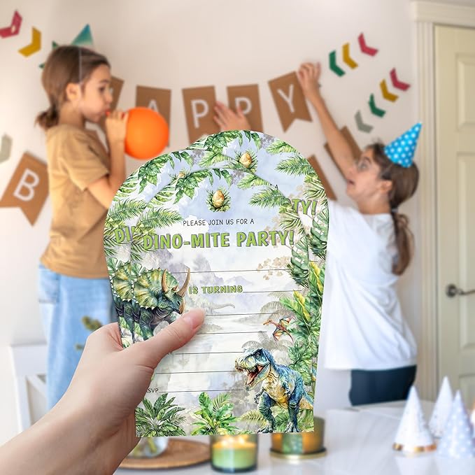 Dinosaur Birthday Party Invitations, T-Rex Theme Birthday Invitations for Boys, Please Join Us For A Dino-Mite Party, 20 Fill-In Dinosaur Party Decorations Supplies (arch)