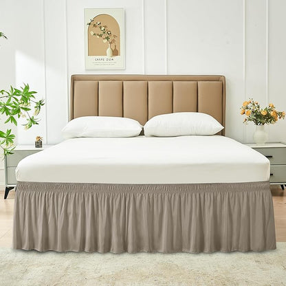 Biscaynebay Wrap Around Bed Skirts for Full & Full XL Beds Short Drop of 12", Taupe Adjustable Elastic Dust Ruffles Easy Fit Wrinkle Resistant Silky Luxurious Fabric Machine Washable