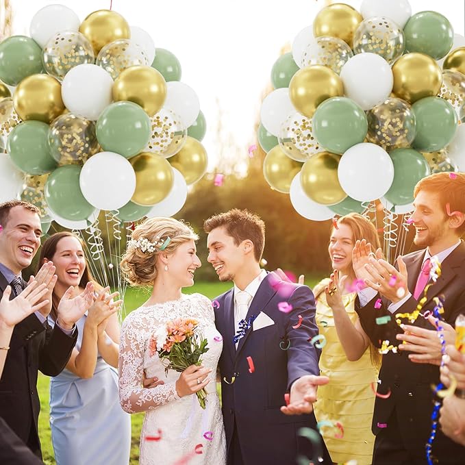 60pcs Sage Green & Metallic Gold Balloons - 12inch Olive Green White Metallic Gold Confetti Balloons for Boho Wedding, Baby Shower, Birthday Party Decoration