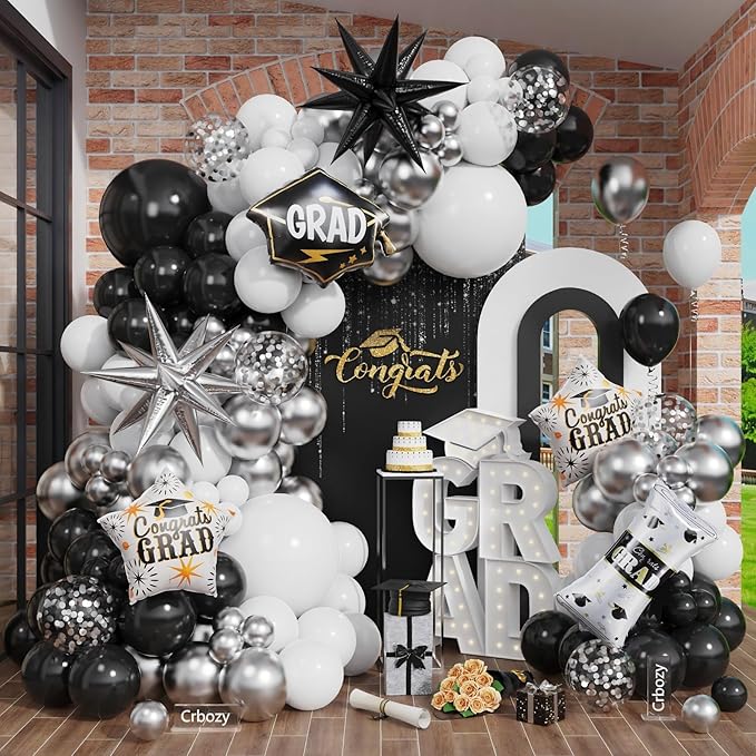 131Pcs Prom Balloon Arch Kit, Black White Silver Confetti Balloons with Explosion Star Graduation Cap Foil Balloons for Class of 2026 Congrats Graduation Prom Birthday Party Decorations