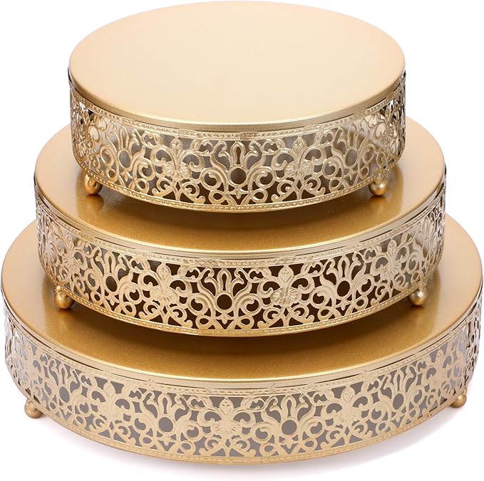 3 Pieces Golden Cake Stand Set, 8/10/12 Inch Round Metal Dessert Display Stand Decorative Cake Holder Cupcake Pastry Candy Display Plate for Wedding, Party, Birthday, Event