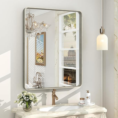 24x30 Inch Silver Bathroom Mirror, Brushed Metal Framed Vanity Mirror for Wall, Rounded Corner Rectangle Mirror, Anti- Rust (Horizontal/Vertical)