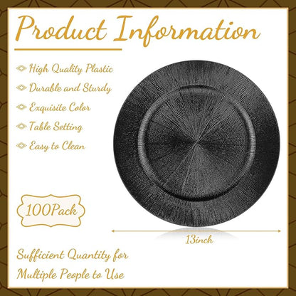 Tanlade 100 Pcs Charger Plates Bulk, 13 Inch Plastic Round Charger Dinner Plates Elegant Wedding Serving Plate for Event Tabletop Wedding Party Bridal Baby Shower Decor (Black)