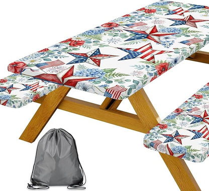 JAWO Patriotic Picnic Table Cover - 4th of July Fitted Tablecloth with Elastic Edge,Red White Blue Star Floral Design for Outdoor Camping, BBQ, Independence Day Party Decor, 72x30 Inch