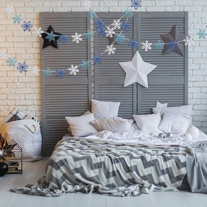 Zonon 3 Pieces Snowflake String Garland Winter Party Decoration White Blue and Light Blue Snowflake Banner Hang Decoration for Christmas Holiday Party, Winter Carnival Snow Themed Gatherings