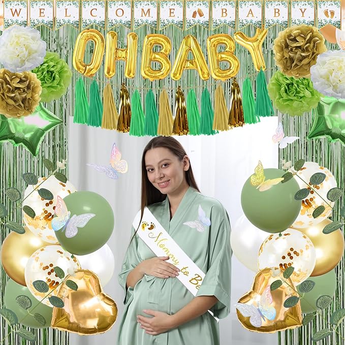 223Pcs Sage Green Baby Shower Decorations,"OH BABY" Banner, Balloon, Sash, Cake Topper for 25 Guests,Neutral Baby Shower Decor Supplies- Disposable Dinnerware Set With Eucalyptus Leaf