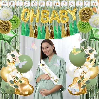 223Pcs Sage Green Baby Shower Decorations,"OH BABY" Banner, Balloon, Sash, Cake Topper for 25 Guests,Neutral Baby Shower Decor Supplies- Disposable Dinnerware Set With Eucalyptus Leaf
