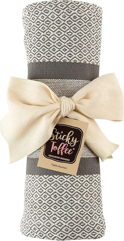Sticky Toffee Cotton Table Runner, 14 x 72 Inch, Gray Woven Farmhouse Boho Striped Table Décor for Kitchen or Dining