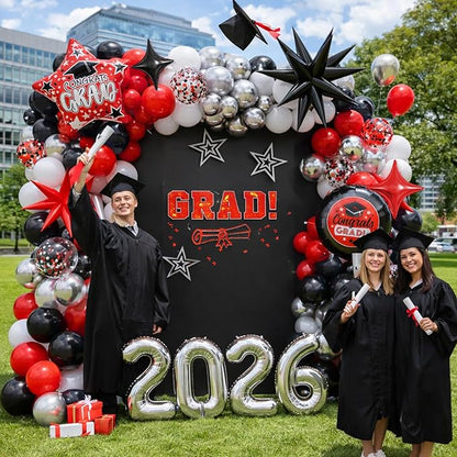 Red Black Graduation Balloon Arch Kit 2026 Graduation Decorations, Silver Number 2026 Balloons with Explosion Star Round Congrats Grad Foil Balloon for College High School Class of 2026 Grad Party